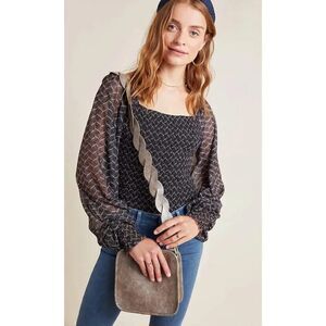 Anthropologie Rouen Balloon Sleeves Smocked black chiffon sleeve Blouse XS